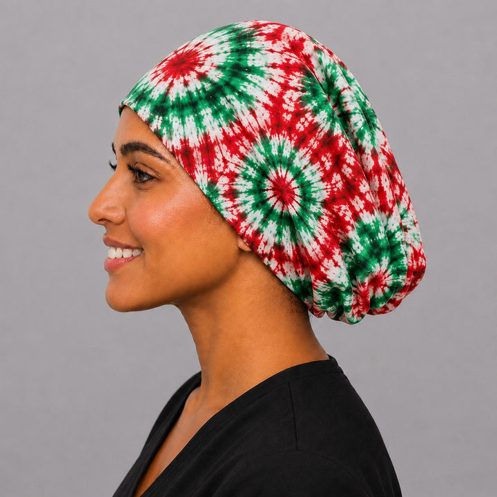 Mexican tie-dye scrub cap euro surgical hat side profile, red green white handmade in USA