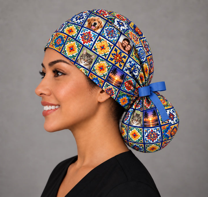 Left profile of a Mexican tile photo scrub cap for long hair in 100% cotton, with a tabby cat tile and sunset tile wrapped around the ponytail pouch