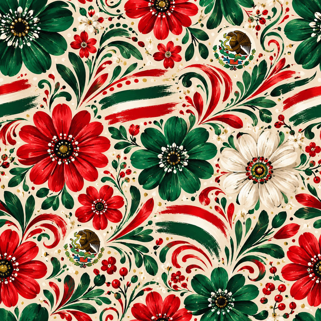 Close-up fabric swatch of the Mexican eagle floral ponytail scrub cap, red, green and white flowers, flag brushstrokes and the escudo nacional eagle on cream