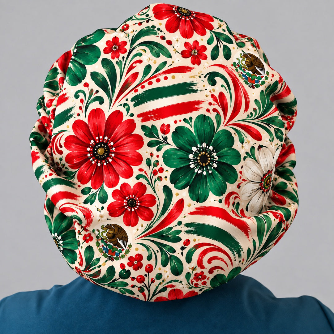 Back of the Mexico floral bouffant showing full hair coverage, flag brushstrokes and elastic back