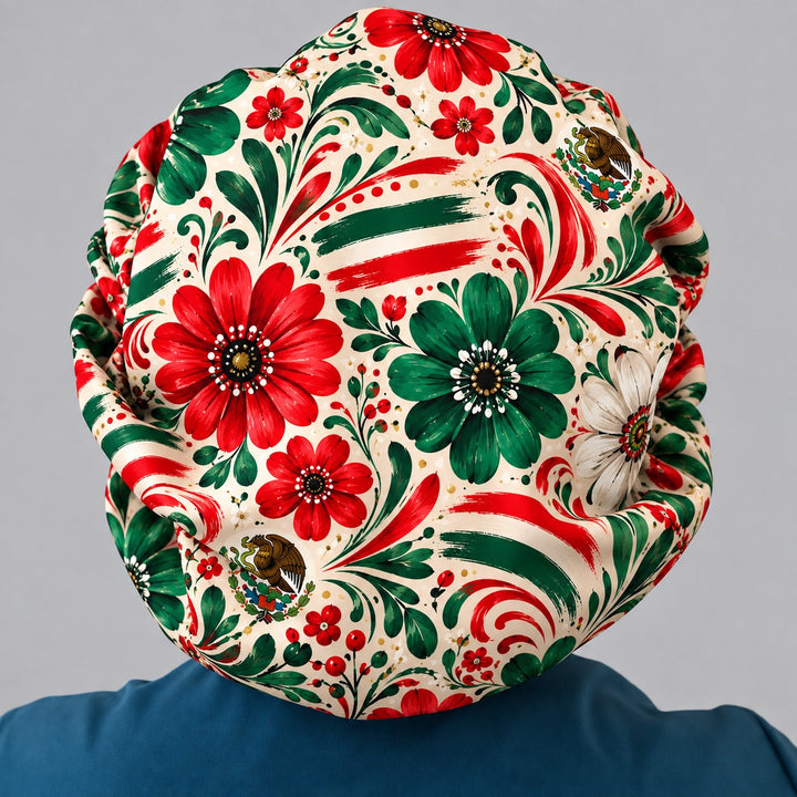 Back of the Mexico floral bouffant showing full hair coverage, flag brushstrokes and elastic back