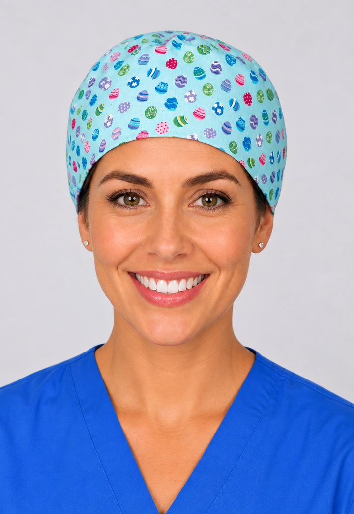 Mini Easter egg surgical hat in straight front view, unisex aqua cap sized for short hair