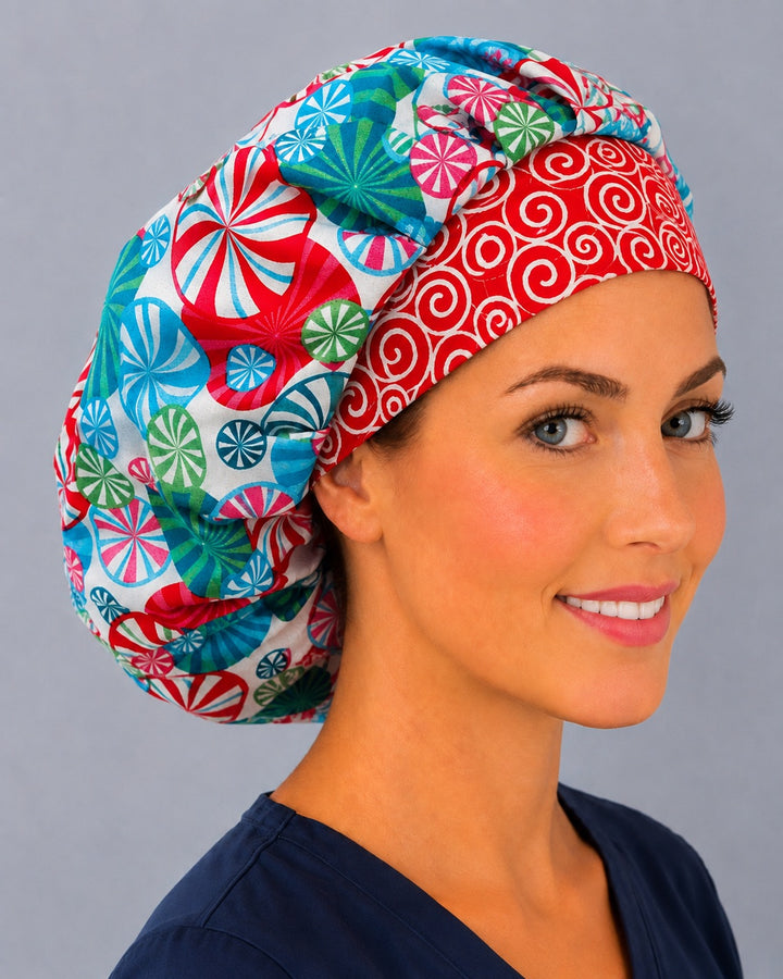 Mint candy bouffant surgical cap for long hair, left angled view — deep gathered fit that secures thick or braided hair