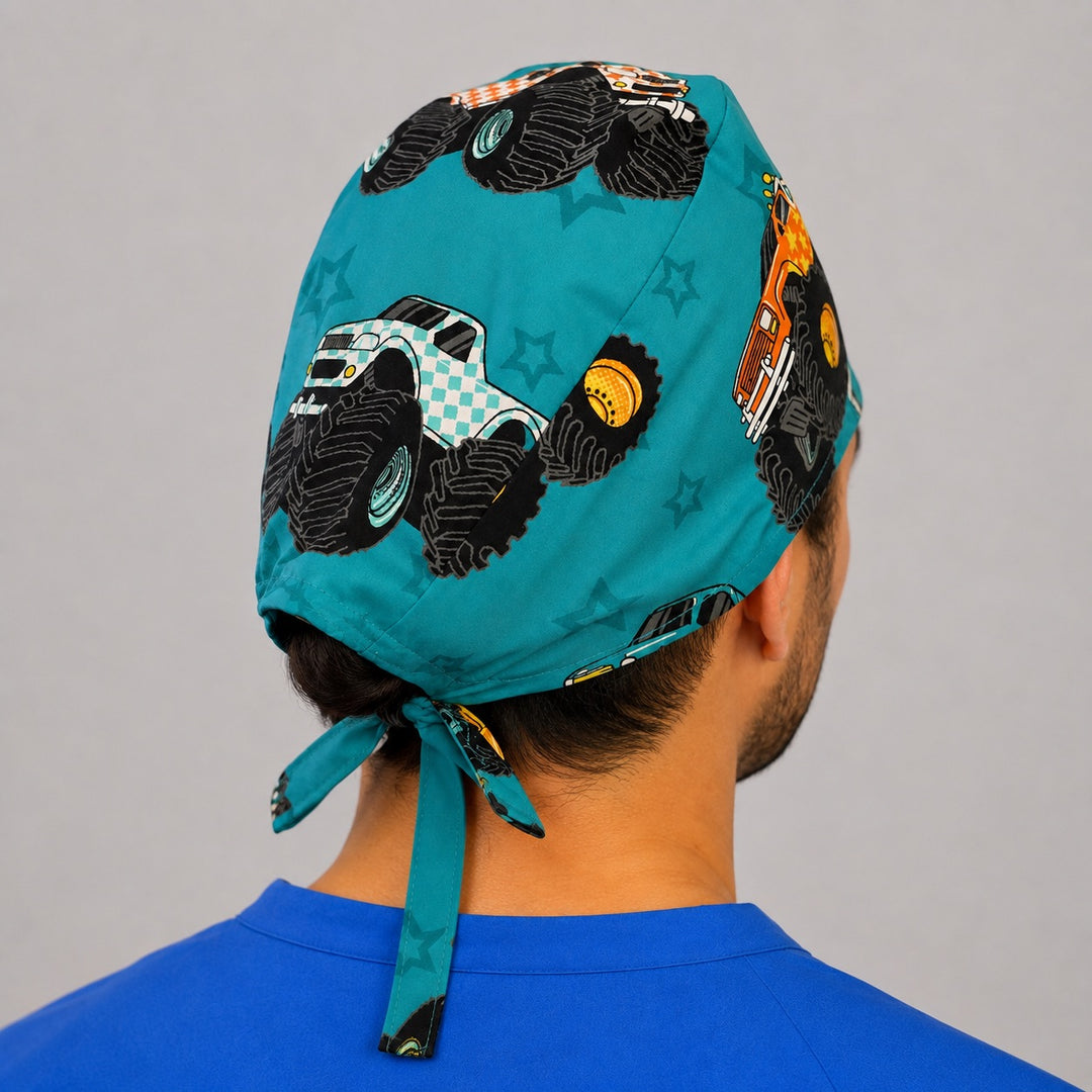 Monster truck scrub cap for men and short hair, handmade turquoise tie-back surgical hat on male OR nurse, front view