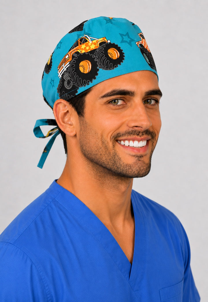 Back view of adjustable tie-back knot on turquoise monster truck unisex surgical hat