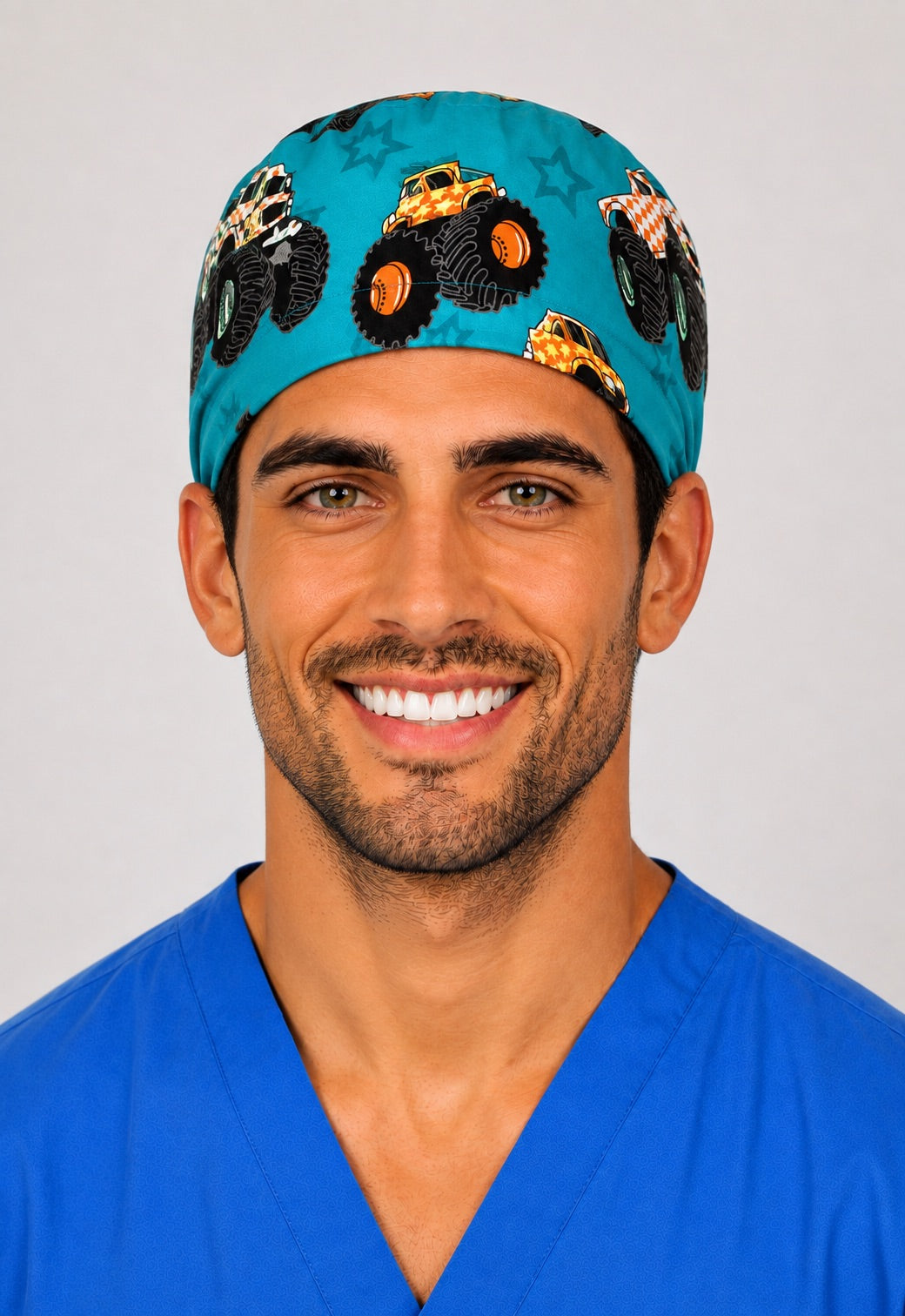 Left profile of monster truck and star scrub cap in teal, handmade peds OR cap for men