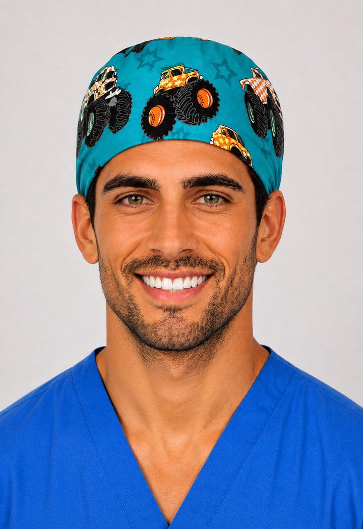 Left profile of monster truck and star scrub cap in teal, handmade peds OR cap for men