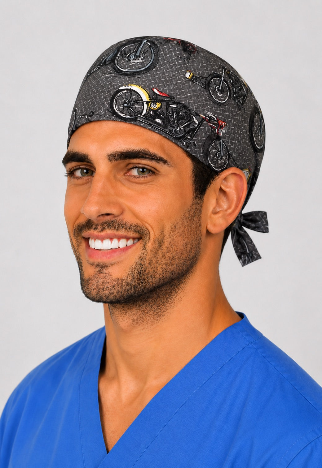 Back view of the motorcycle tie-back scrub cap — grey tire-tread bike print surgical cap, biker doctor and nurse gift