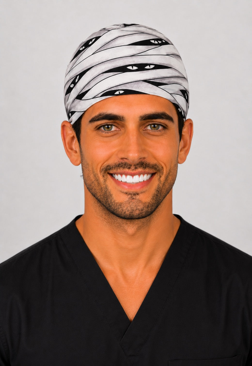 Halloween mummy scrub cap with bandage wraps and peeking eyes, handmade men&