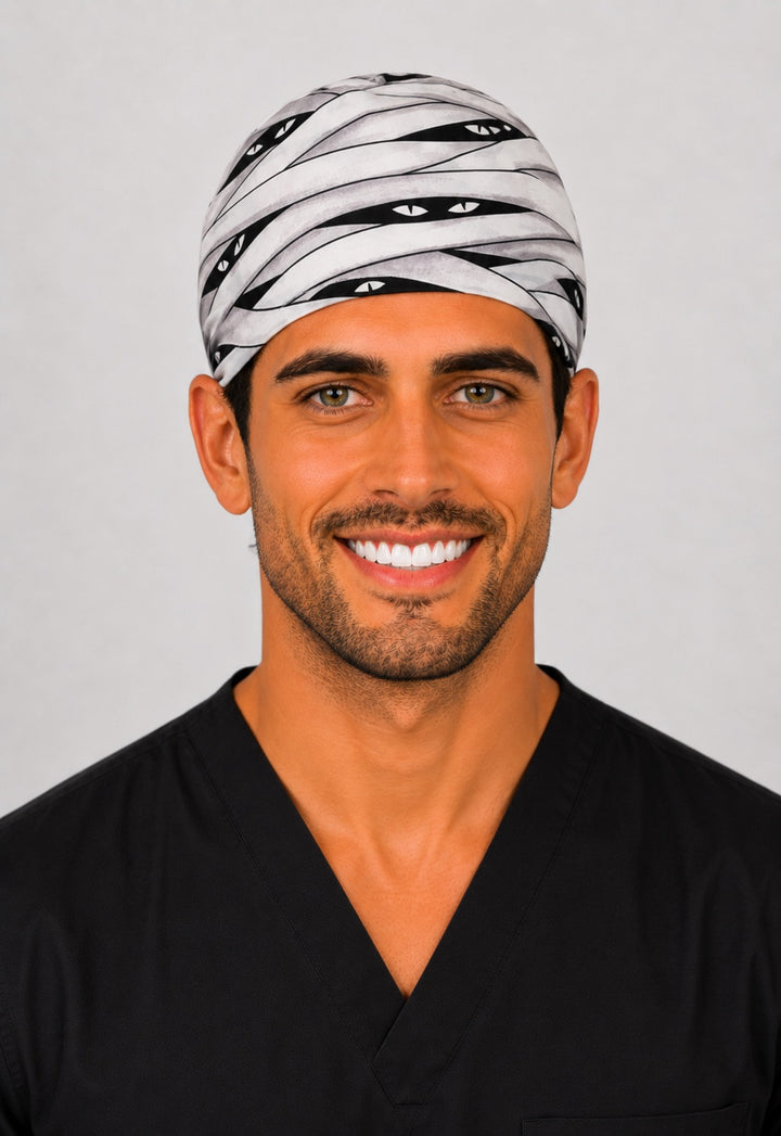 Halloween mummy scrub cap with bandage wraps and peeking eyes, handmade men&