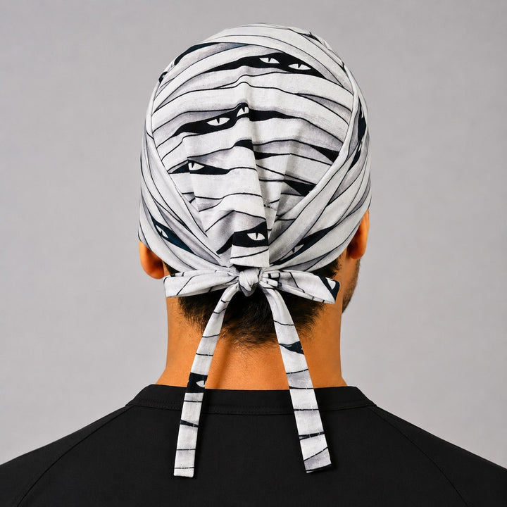 Halloween mummy scrub cap with bandage wraps and peeking eyes, handmade men&