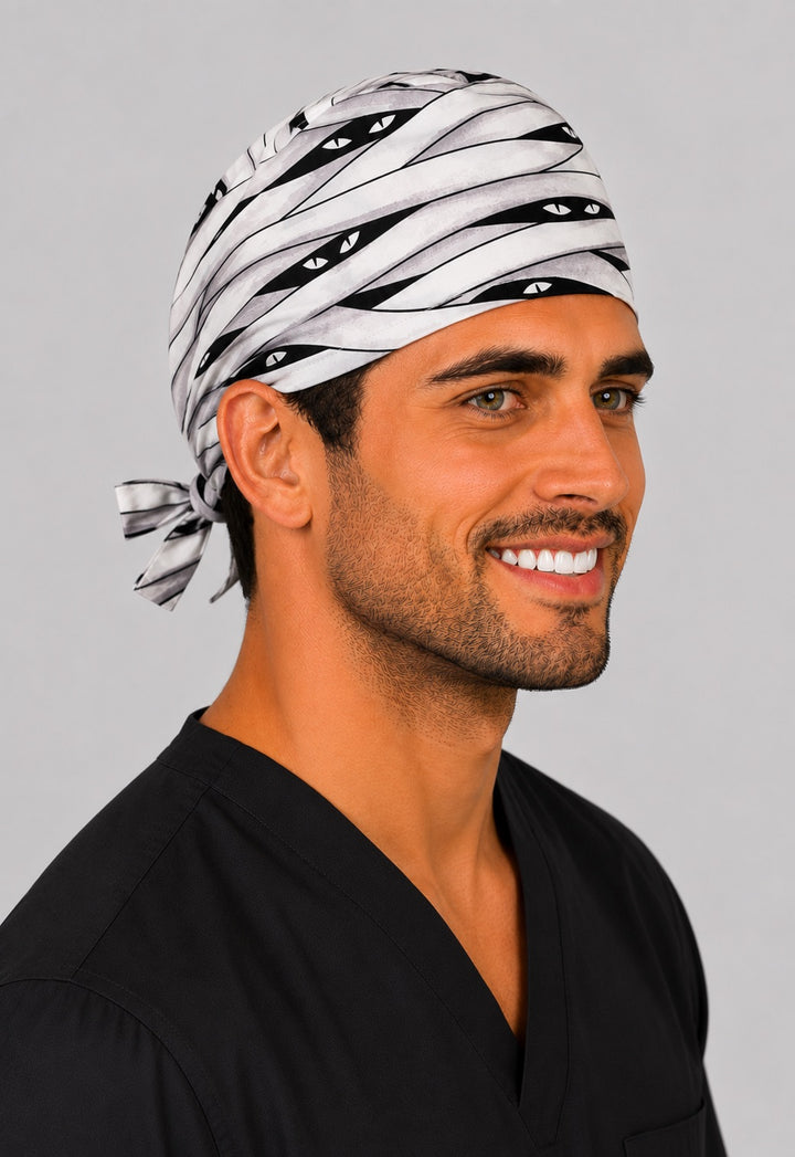 Back view of adjustable tie-back knot on Halloween mummy spooky scrub cap surgical hat for men