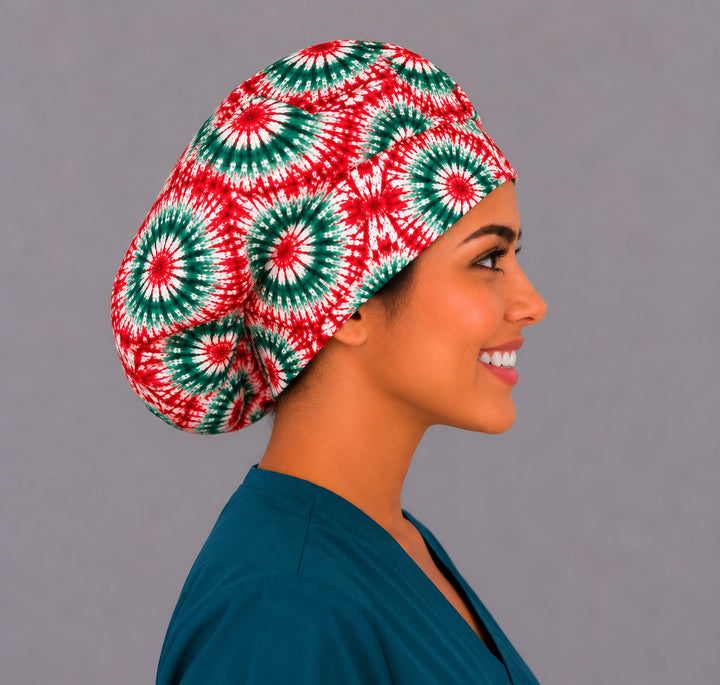 Right profile of the Navidad tie-dye bouffant surgical cap for OR nurses, adjustable elastic back