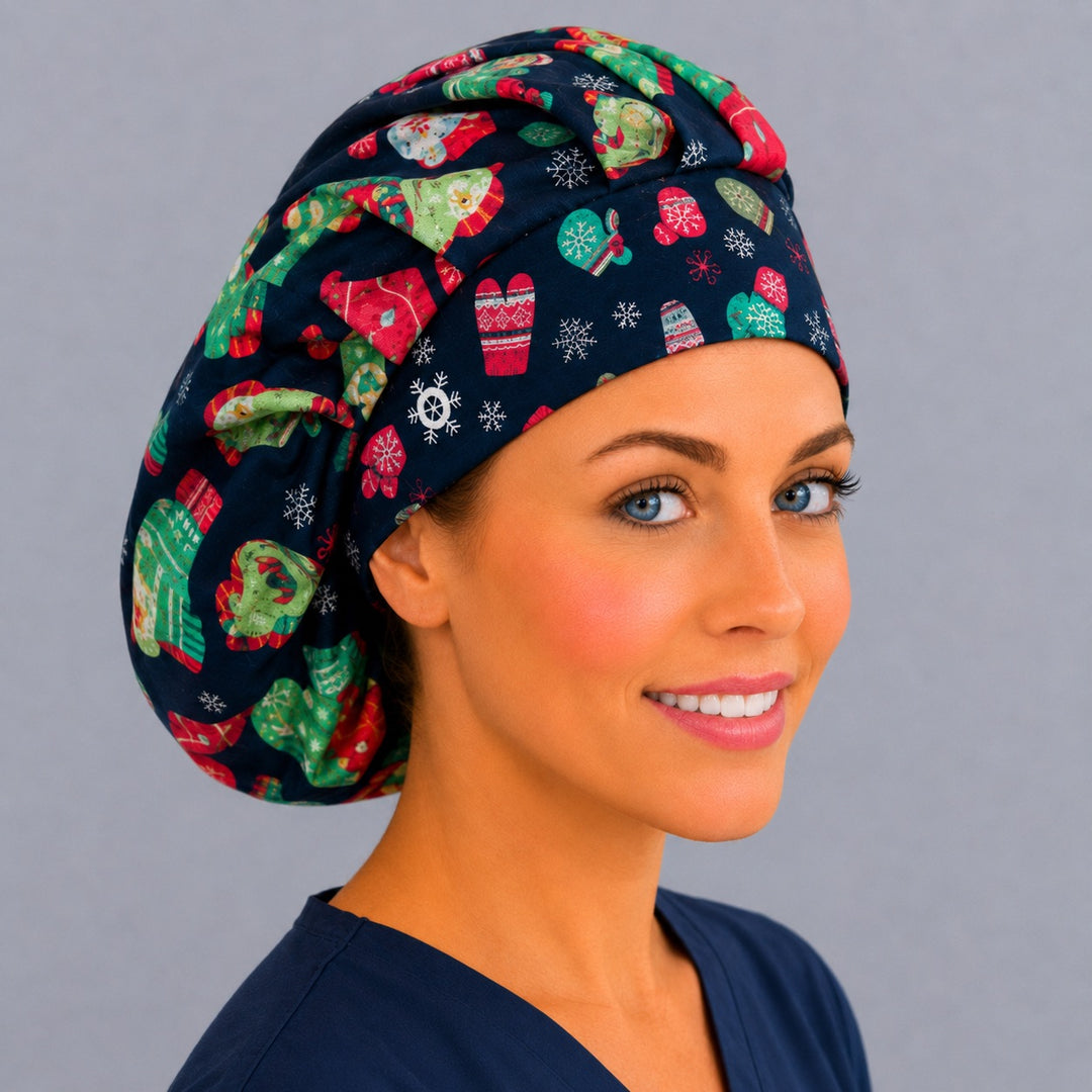 Navy Christmas sweater bouffant surgical cap for long hair, angled view — deep gathered fit that secures thick or braided hair