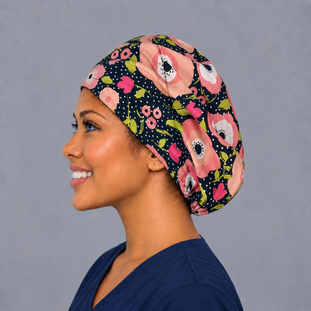 Black floral polka dot Euro cap, left side profile — handmade retro poppy surgical cap, USA made