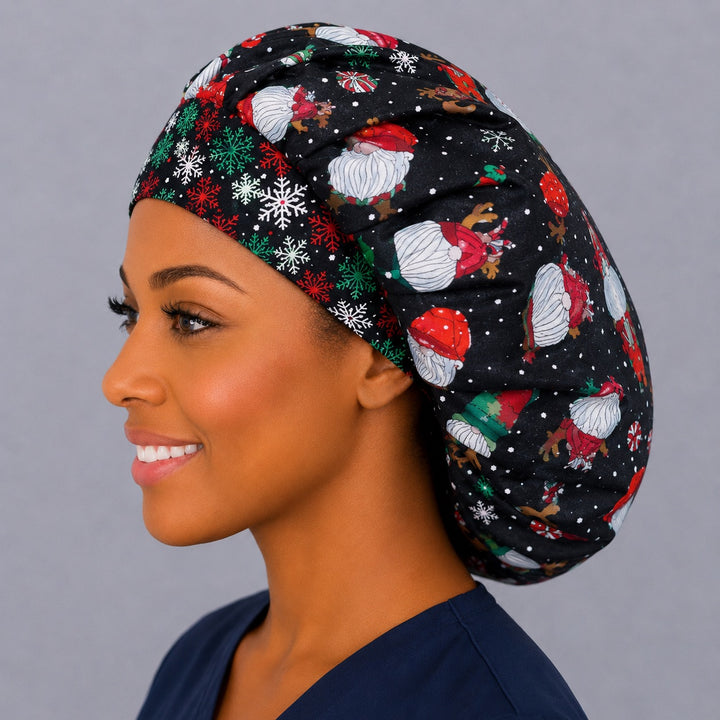 Navy gnome bouffant surgical cap side view — full roomy fit that secures long thick hair for OR nurses and surgical techs