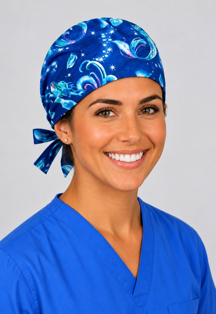 Navy mermaid scrub cap in left angled view, ocean gift for pediatric nurses and vet techs