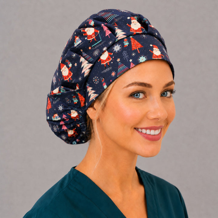 Navy Santa and snowflake bouffant scrub cap, right angled smiling view — festive holiday print for OR nurses and surgical techs