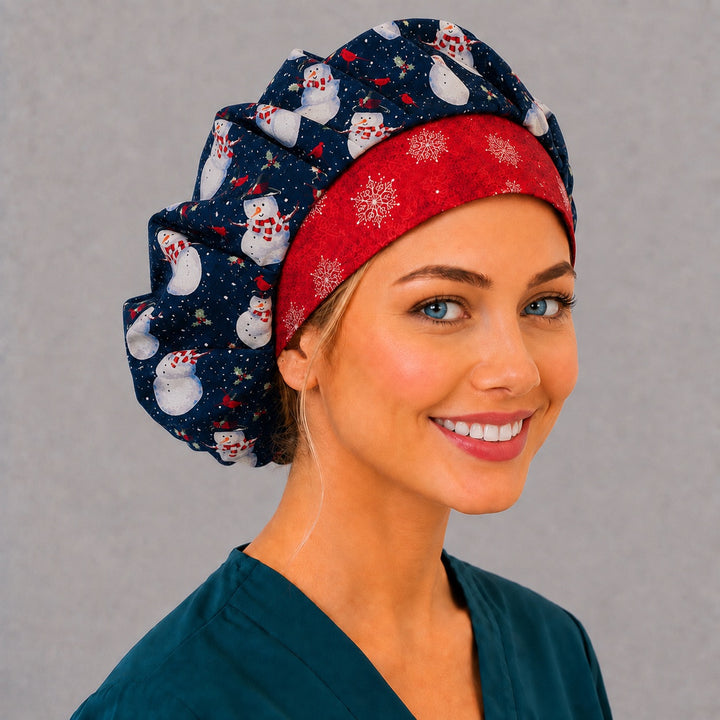 Right side profile of the black snowman bouffant surgical hat — red snowflake contrast band, roomy breathable cotton cap for nurses