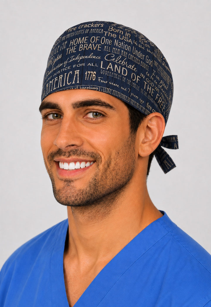 Right profile of navy USA patriotic word print unisex Fourth of July surgical hat for nurses and surgical techs