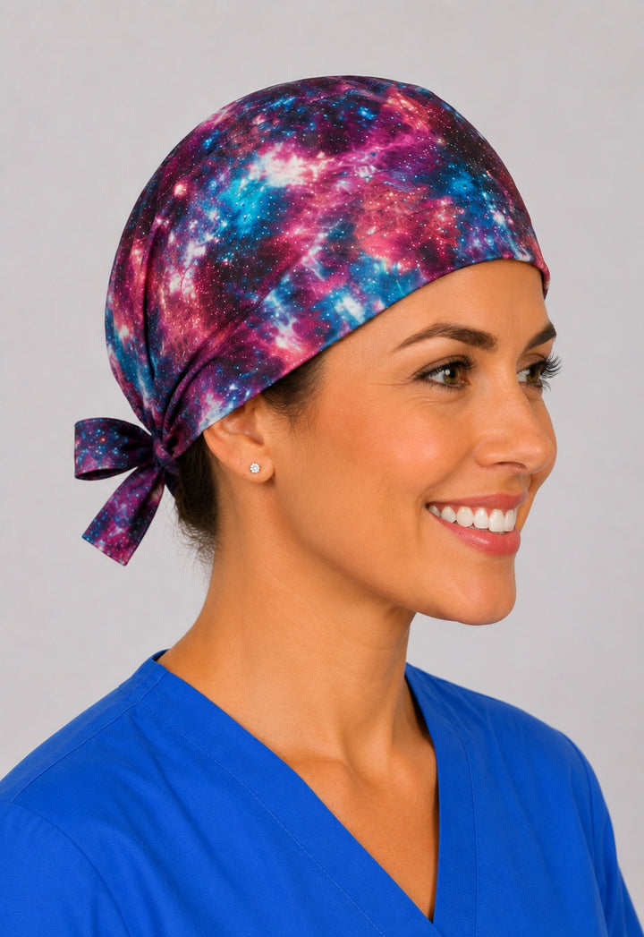 Right profile of nebula star scrub cap for women with short hair, space OR cap in violet and teal