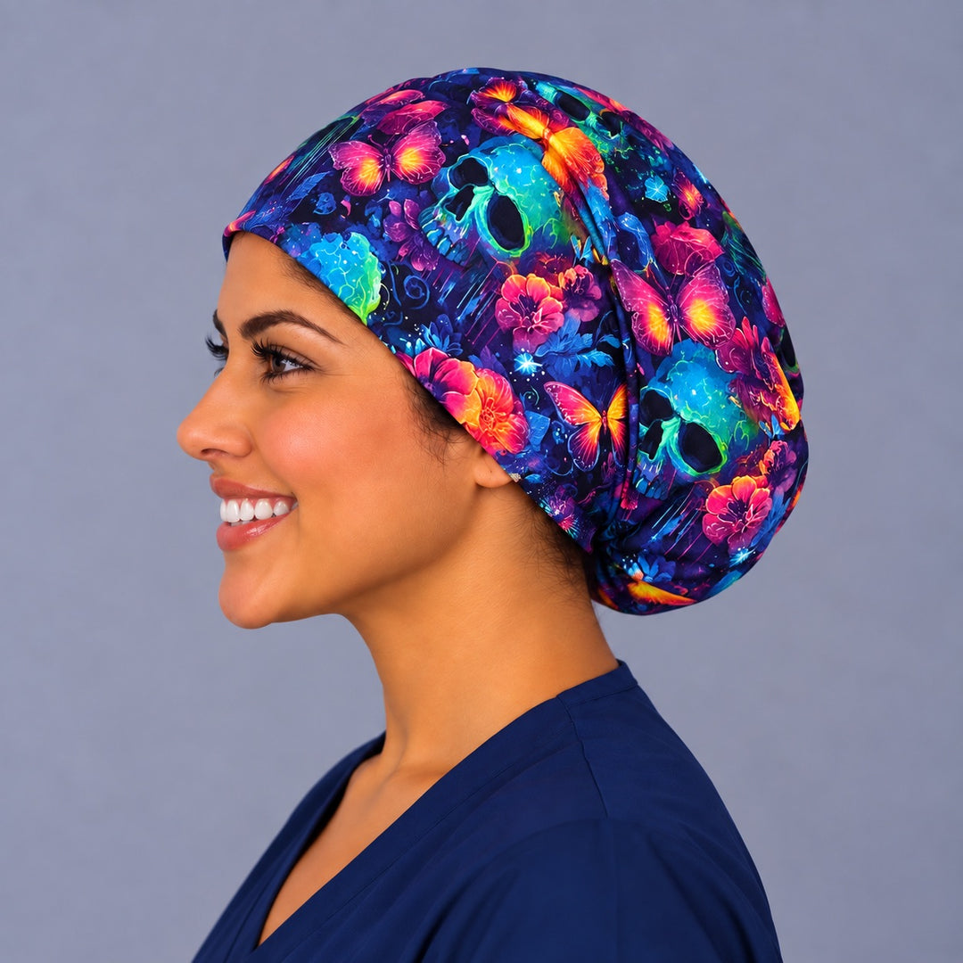 Left profile of the neon calavera Euro surgical cap, fitted crown for OR nurses, surgical techs and CRNAs