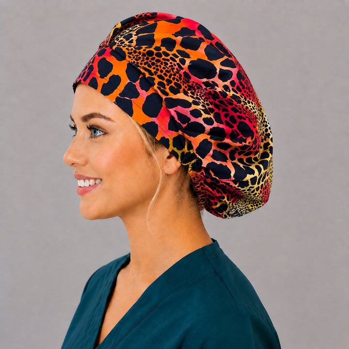 Back view of the neon cheetah bouffant scrub cap — full gathered fit showing pink, red and yellow leopard spots across the crown