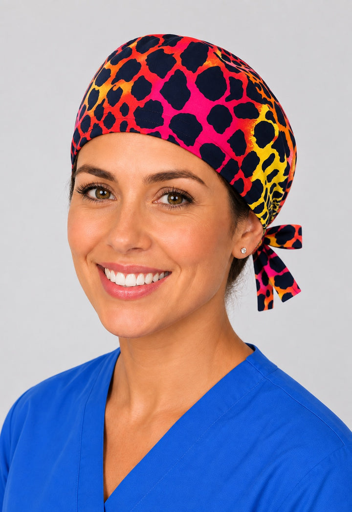 Nurse in neon cheetah print tie back scrub cap, rainbow leopard surgical hat for vet techs and short hair, angled view by OR World