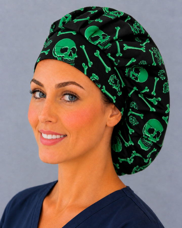 Back view of the neon green skeleton bouffant scrub cap — full gathered fit showing skulls, ribcages and skeleton hands on black