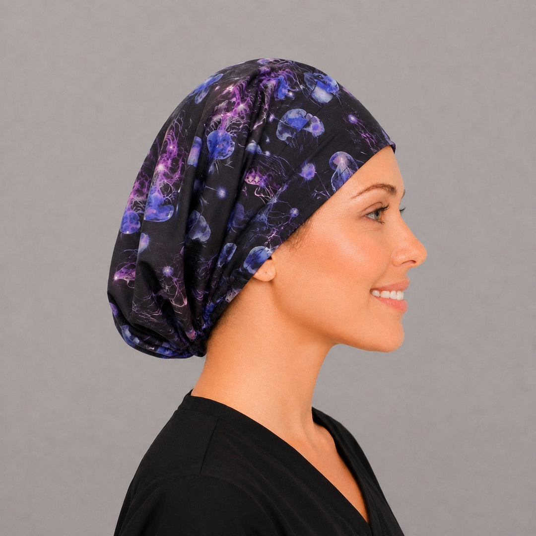 Right side profile of the neon jellyfish Euro surgical hat — purple and violet tentacle print, breathable cotton cap for OR nurses