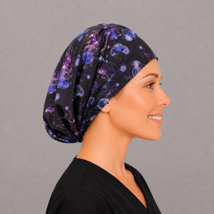 Right side profile of the neon jellyfish Euro surgical hat — purple and violet tentacle print, breathable cotton cap for OR nurses