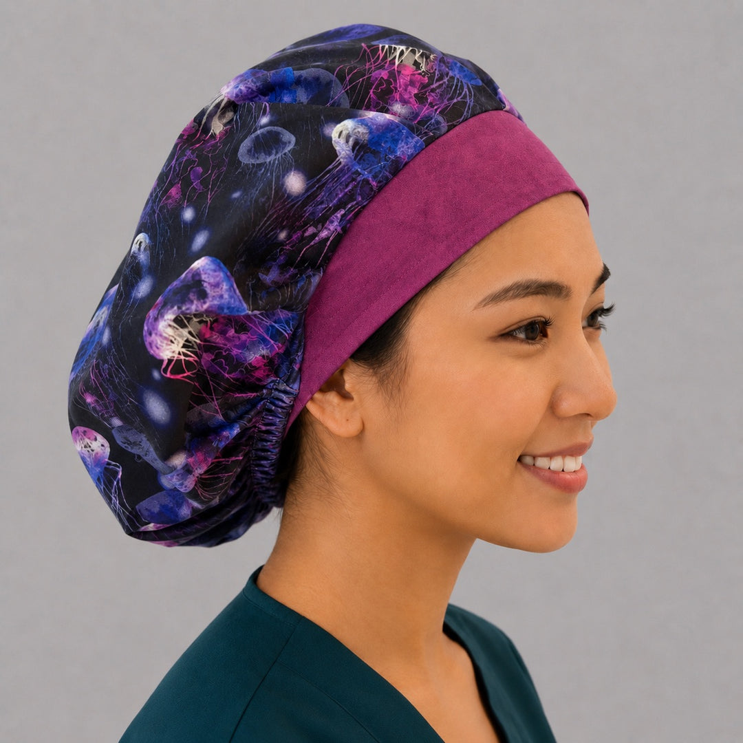 Side view of the neon jellyfish marine life bouffant surgical hat — glowing sea life print, breathable cotton ocean cap for nurses
