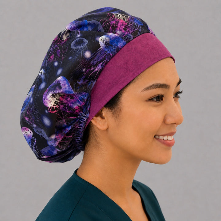 Side view of the neon jellyfish marine life bouffant surgical hat — glowing sea life print, breathable cotton ocean cap for nurses