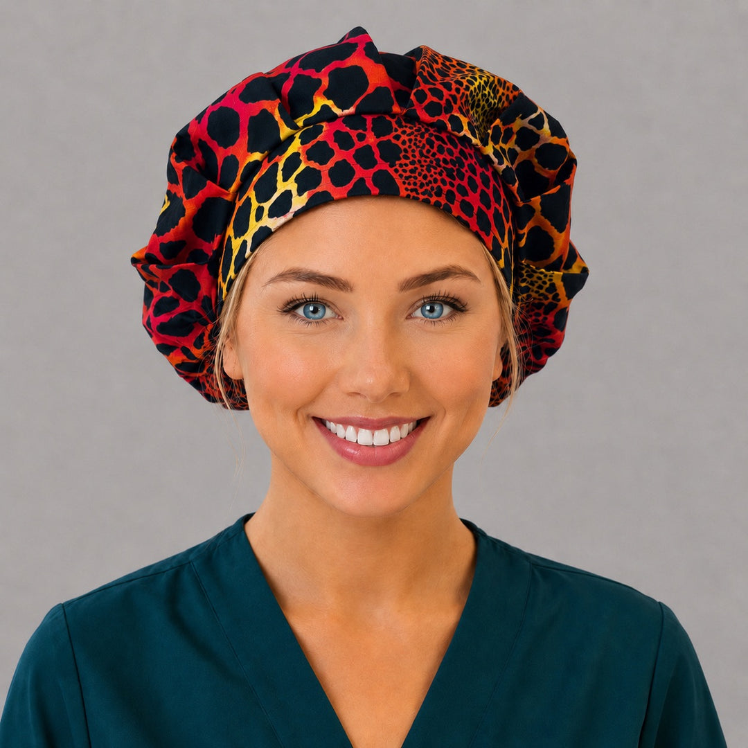 Neon leopard bouffant cap for women, right angled smiling view — handmade fiery cheetah print surgical cap, USA made