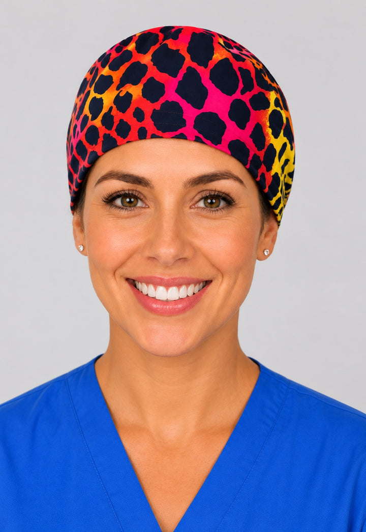 Neon leopard surgical hat front view, adjustable OR cap sized for short hair and pixie cuts