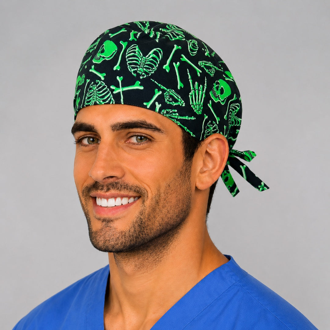 Neon green skeleton surgical cap angled view — skull print Halloween tie-back scrub cap, spooky nurse gift, one size fits most