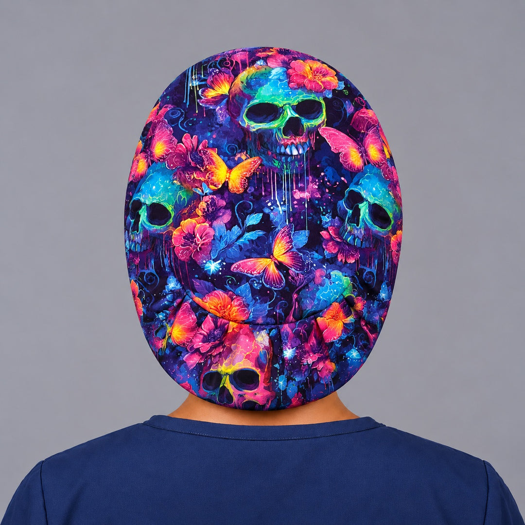Back view of the neon skull butterfly Euro scrub cap showing the adjustable elastic back and full calavera print