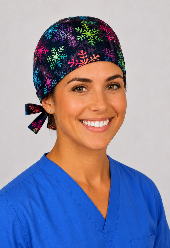 Left profile of neon snowflake scrub cap for women with short hair, black holiday OR cap