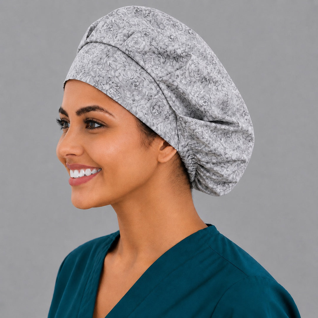 Neutral floral bouffant cap for women, left side profile — handmade light gray surgical cap, USA made