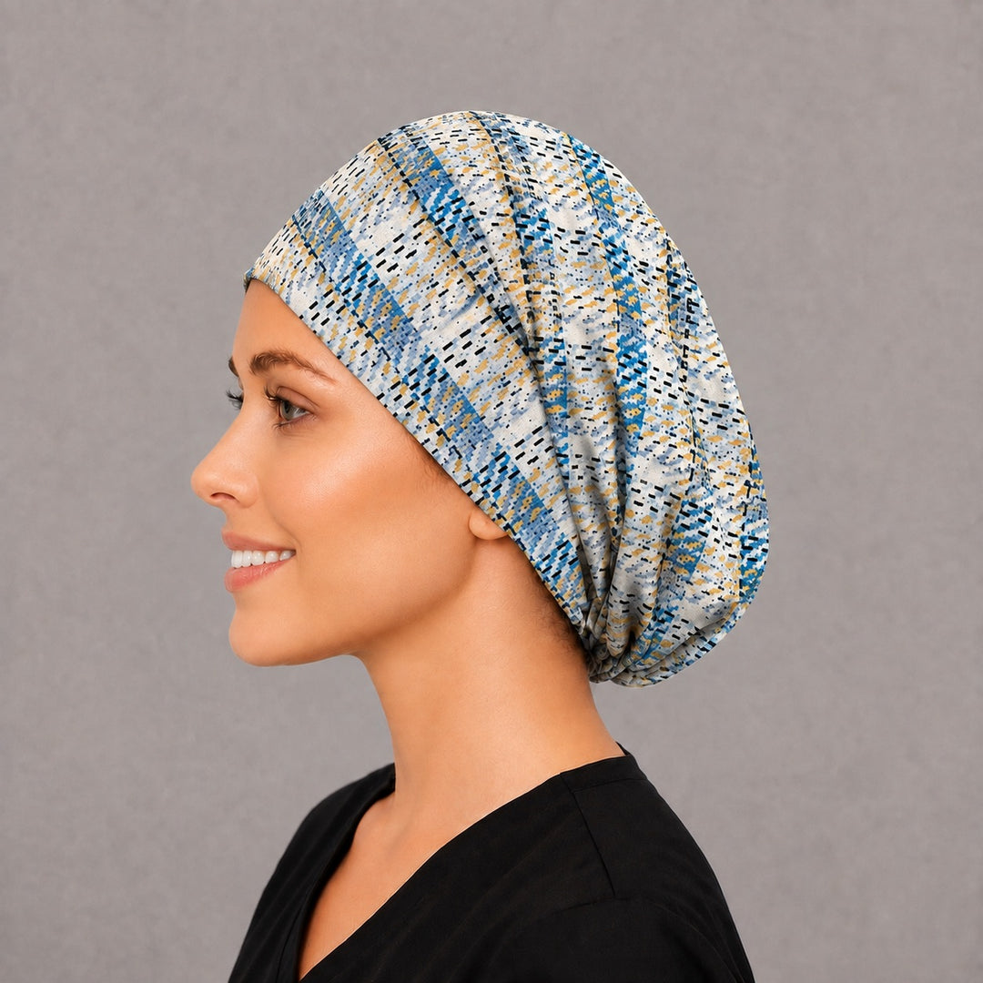 Neutral plaid Euro surgical cap, left side profile — elastic adjustable back with full head coverage for long hair