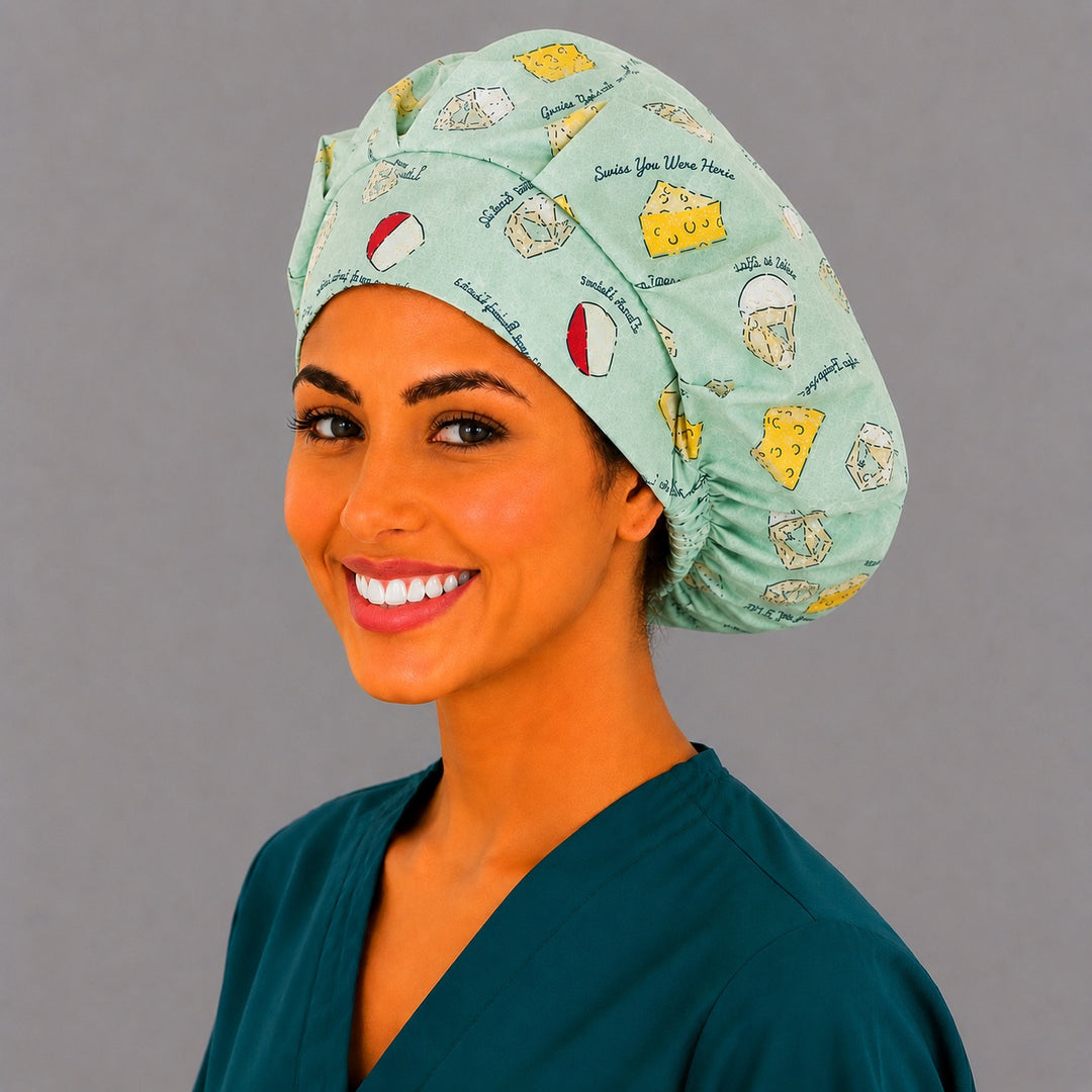 Novelty cheese bouffant surgical cap for women, three-quarter smiling view — witty cheese sayings bouffant scrub hat, breathable cotton