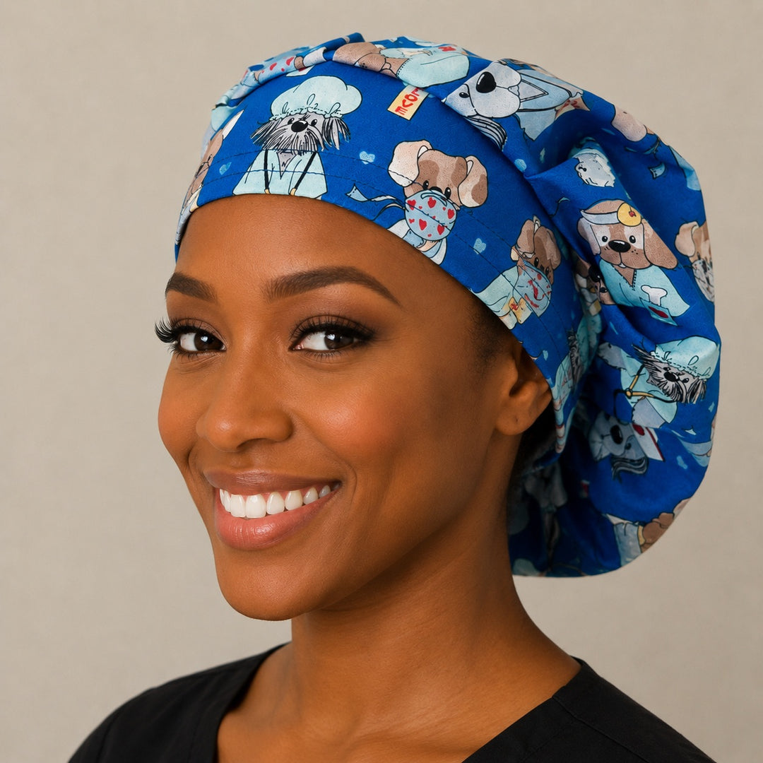 Nurse dog print bouffant scrub cap fabric close-up showing puppies dressed as nurses, doctors and surgeons with hearts on blue, OR World veterinary surgical hat