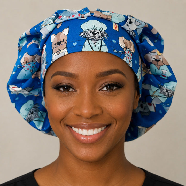 Nurse dog print bouffant surgical cap right side profile showing puppies dressed as nurses and doctors on blue, OR World veterinary nurse hat