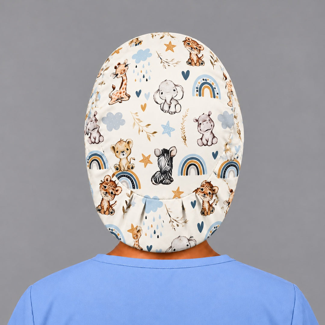 Back view of the nursery animal euro scrub cap, showing the oval crown panel and evenly pleated elastic band hugging the base of the head