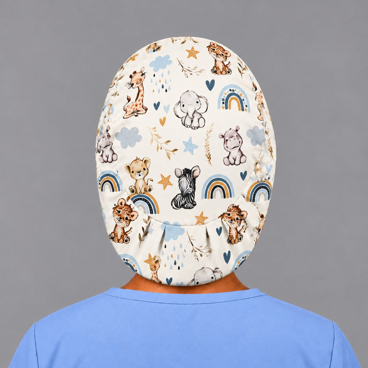 Back view of the nursery animal euro scrub cap, showing the oval crown panel and evenly pleated elastic band hugging the base of the head