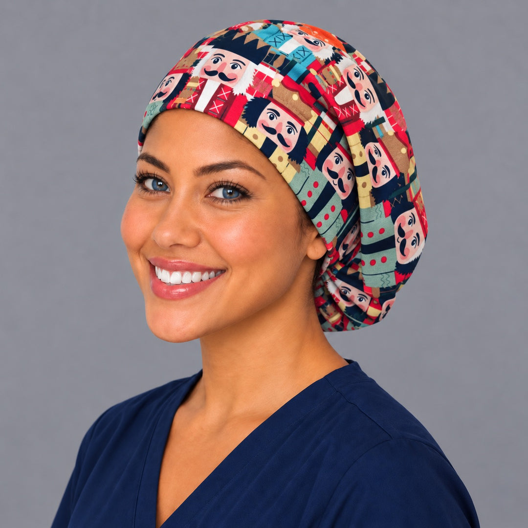 Nutcracker Euro surgical hat, right angled smiling view — handmade holiday soldier print cap, USA made