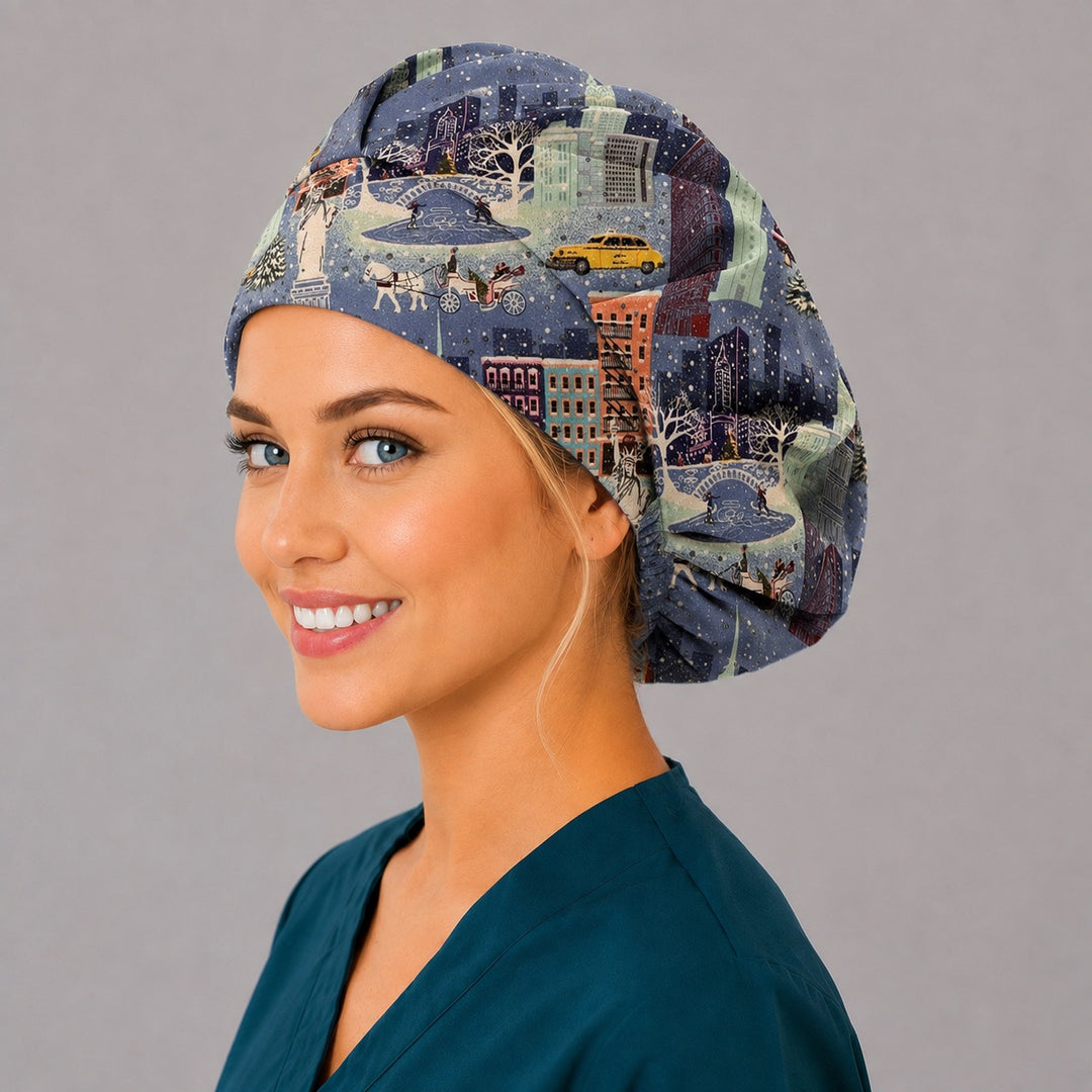 NYC skyline and yellow taxi bouffant cap for women, left side profile — handmade Christmas city surgical cap, USA made