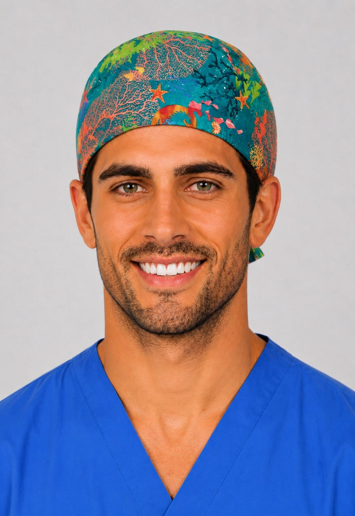 Front view of ocean coral reef tie back scrub cap on a smiling male nurse, marine theme colorful sea life surgical hat, adjustable unisex fit, handmade in USA by OR World.