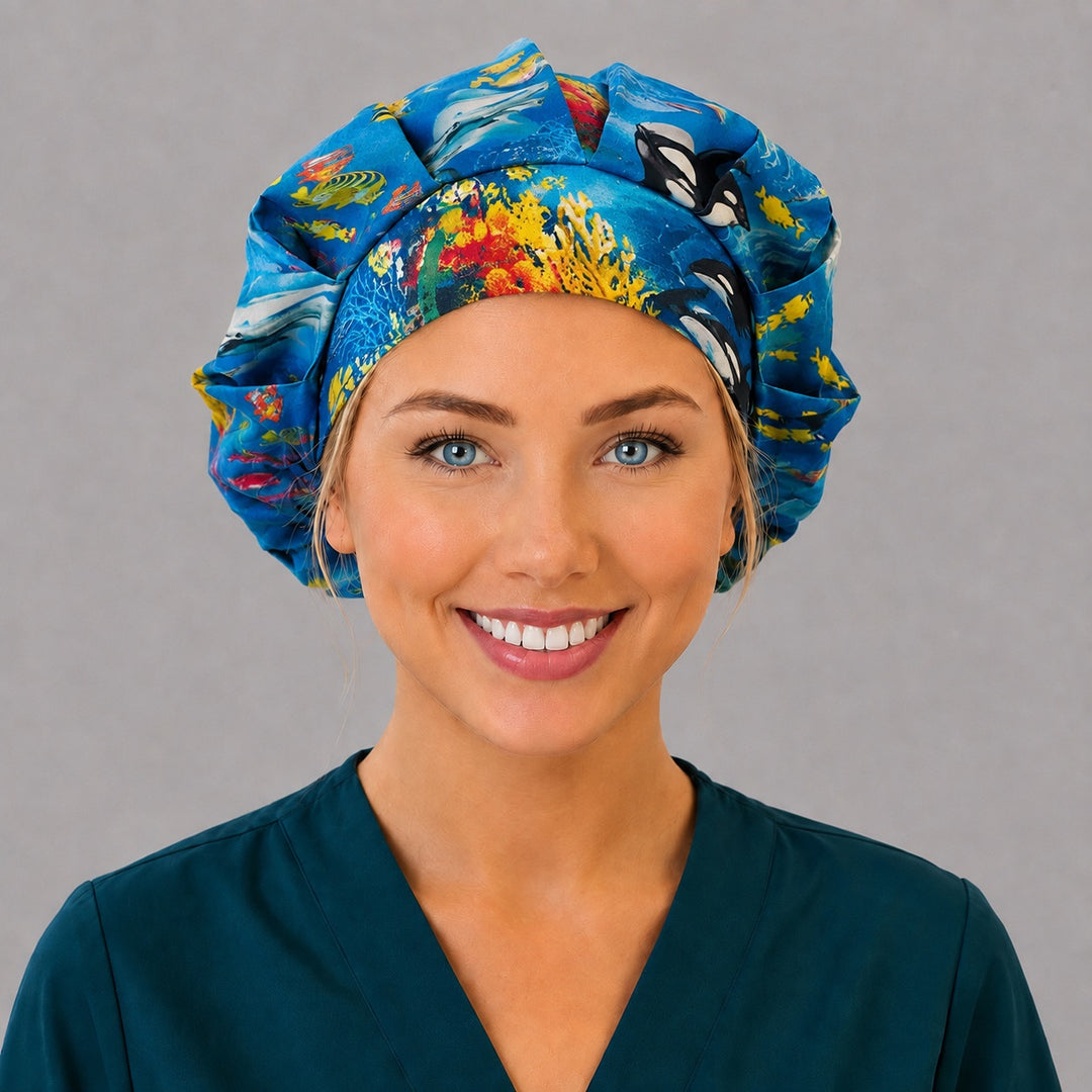 Woman wearing an ocean life bouffant scrub cap, front view — orcas, coral reef and tropical fish on deep blue, adjustable women&
