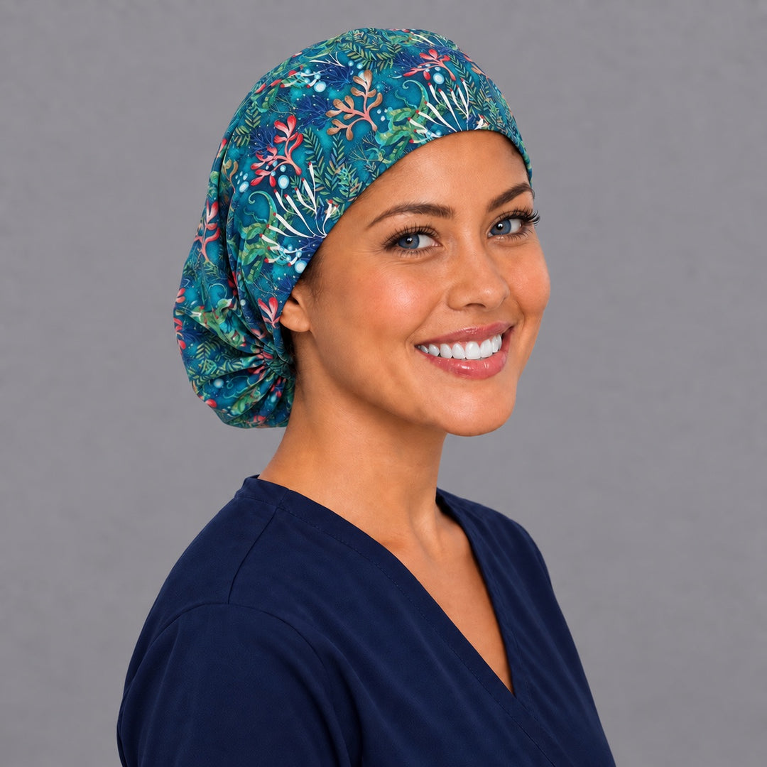 Ocean reef Euro scrub cap, right angled smiling view — kelp and sea plant print for OR nurses and surgical techs